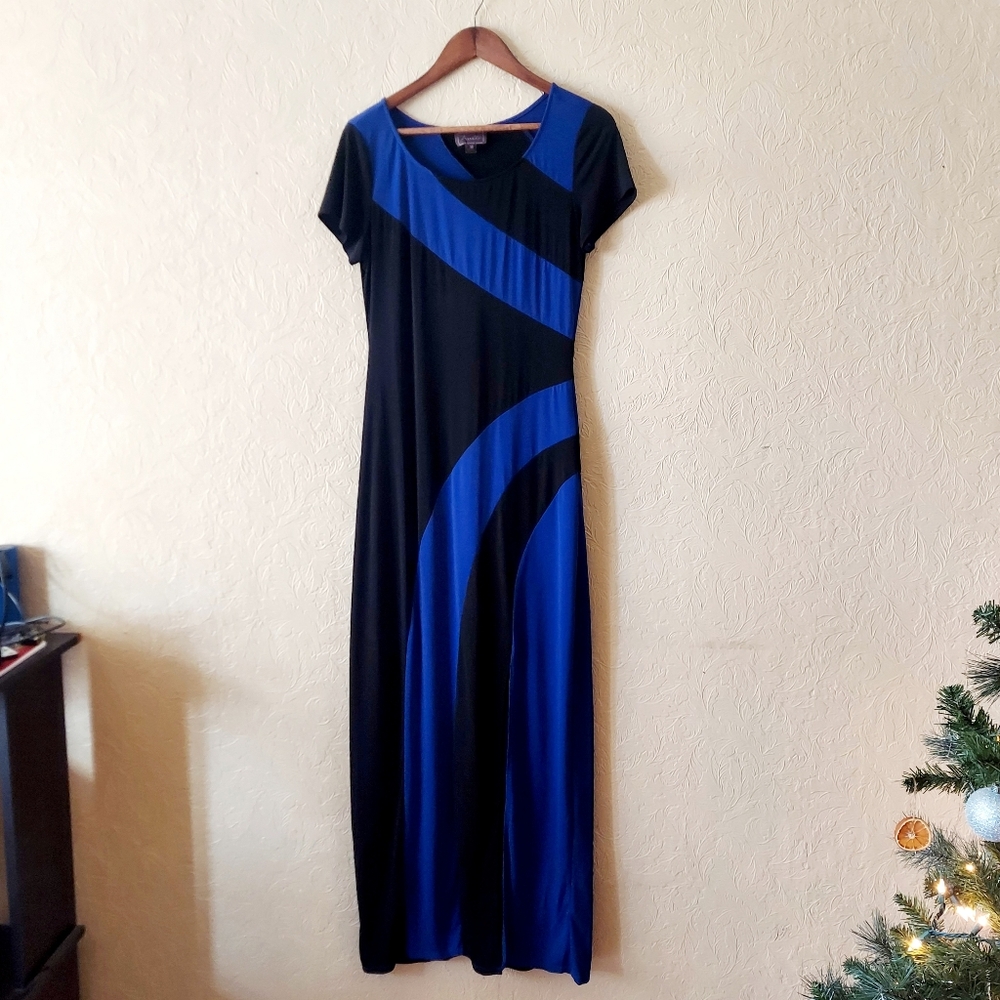 Trulli black blue maxi dress short sleeve slit geometric print stretch Sz medium